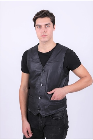 New Zaya Leather Erkek Siyah Deri Yelek (468580269)