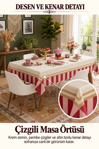 Vivanni Home Yıkanabilir Dikdörtgen Masa Örtüsü Günlük Kullanıma Uygun Pratik Ve Uzun Ömürlü Çizgili Pembe