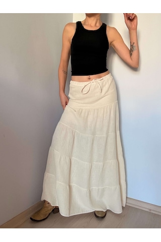 Ali Butik Krem Önü Bağlamalı Müslin Etek Krem