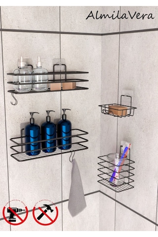 Siyah Paslanmaz Yapışkanlı Metal Banyo Rafı Düzenleyici 4'lü Set Kancalı Duş Rafı Sabunluk Rafı Siyah