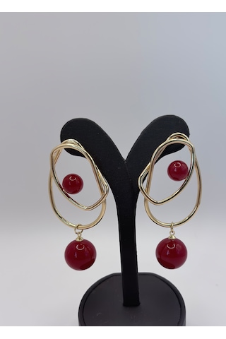 Rhea Jewelry Çelik Geometrik Kırmızı Boncuklu Sallantılı Kadın Küpe Gold 7 Cm Altın - Kırmızı