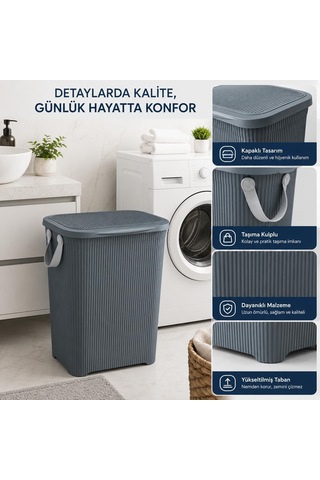 45 L Kapaklı Kirli Çamaşır Sepeti Modern Çizgili Tasarım Taşıma Kulplu Dayanıklı Plastik Banyo, Çamaşır Odası Ve Yatak Odası İçin 40 X 34 X 47 Cm, Antrasit Çok Renkli
