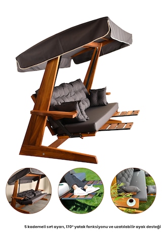 Luna Deluxe 2600 Iroko Beş Kişilik Yatak Olma Ve Ayak Uzatma Sehpalı Ahşap Bahçe Salıncağı Antrasit Minder Seti Dahil Antrasit