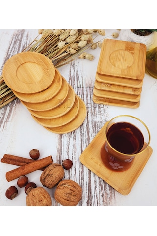 Ahşap Çay Tabağı 12li Set Bardak Fincan Altlığı Yuvarlak Kare Ahşap
