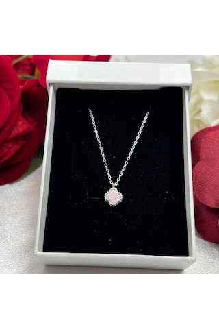 Yonca Pembe Taşlı Kadın Kolyesi 925 Ayar Gümüş Radyumlu 6 Mm Gümüş