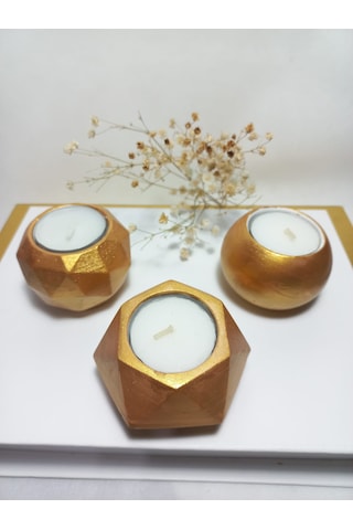 Geometrik Desenli Antiquity Gold 3'lü Mumluk Set, Dekoratif Masa Sehpa Üstü Aksesuar Gold