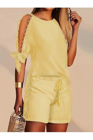 Simala Kadın Kısa Kollu Bisiklet Yaka Yarı Açık Omuz Inci Detaylı Short T-shirt Viskon Ikili Takım Sarı