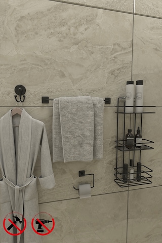 Alper Banyo Yapışkanlı Siyah 3 Katlı Banyo Rafı TŞ03 Jasmin Kağıtlık Uzun Havluluk Lotus V Bornoz Askılık Siyah