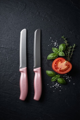 Makri Home Makri Home 2'li Ultra Keskin Tırtıklı Bıçak Seti, Pembe 22 Cm Paslanmaz Çelik Beyaz - Pembe