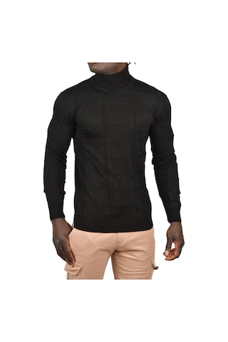 Deepsea Erkek Siyah Kare Desenli Balıkçı Yaka Slim Fit Boğazlı Triko Kazak 2505493 Siyah