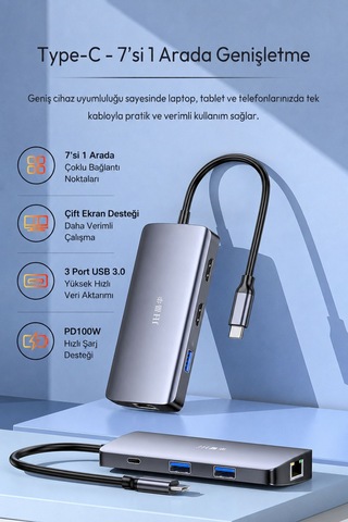Type-c 7si 1 Arada Usb Hub Docking Station, 4k 60hz Hdmı, Gigabit Ethernet, Pd 100w Şarj, 3 Usb 3.0 Port, Çift Ekran Destekli Macbook Laptop Adaptörü N850