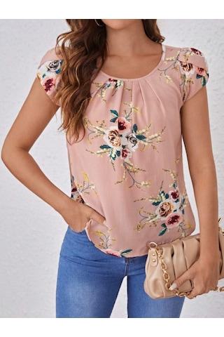 Modasize Kadın Kısa Kollu Bisiklet Yaka Çiçek Baskılı Süprem Bluz Pembe