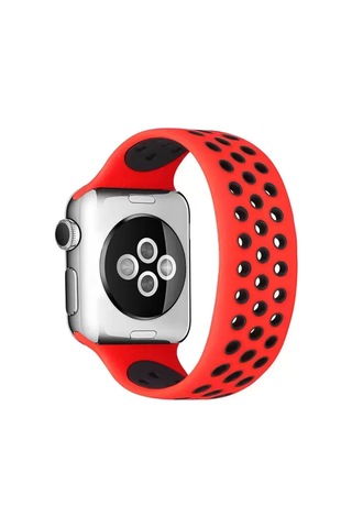 Newface Apple Watch Uyumlu 38mm Ayarlı Delikli Silikon Kordon - Kırmızı-siyah