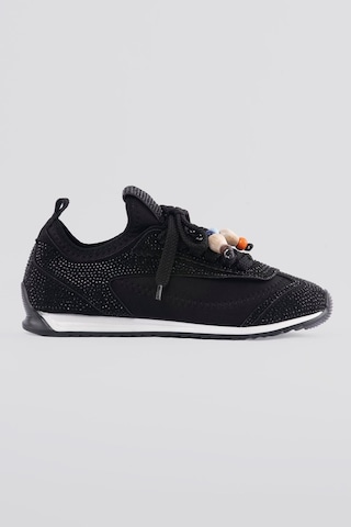 Mubiano Kadın Sneaker Düz Taban Taşlı Boncuk Detaylı Streç Spor Ayakkabı Zyra Siyah Siyah