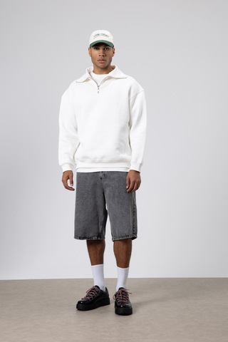 Vamos Basic Fermuarlı Dik Yaka Sweatshirt Ekru