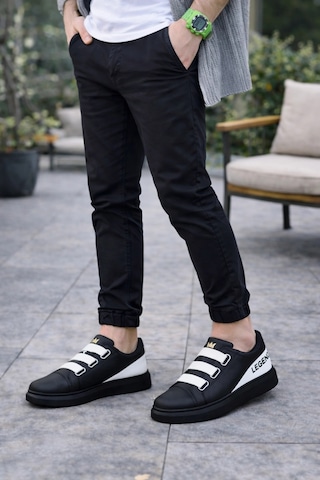 Mevese Mirox Erkek Bağcıksız 3 Bant Lastikli Günlük Sneaker Ayakkabı - Siyah Beyaz Siyah Siyah