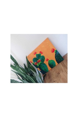 El Boyaması Kare Kaktüs Tablosu 40 40 Cm