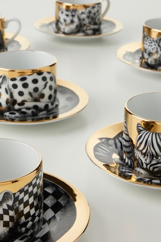 Fornasetti High Fidelity, Italyan Tasarımı 6 Lı Porselen Fincan Ve Tabak Seti Siyah
