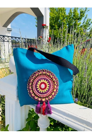 Handream Püsküllü Mandala Bez Omuz Çantası Mavi