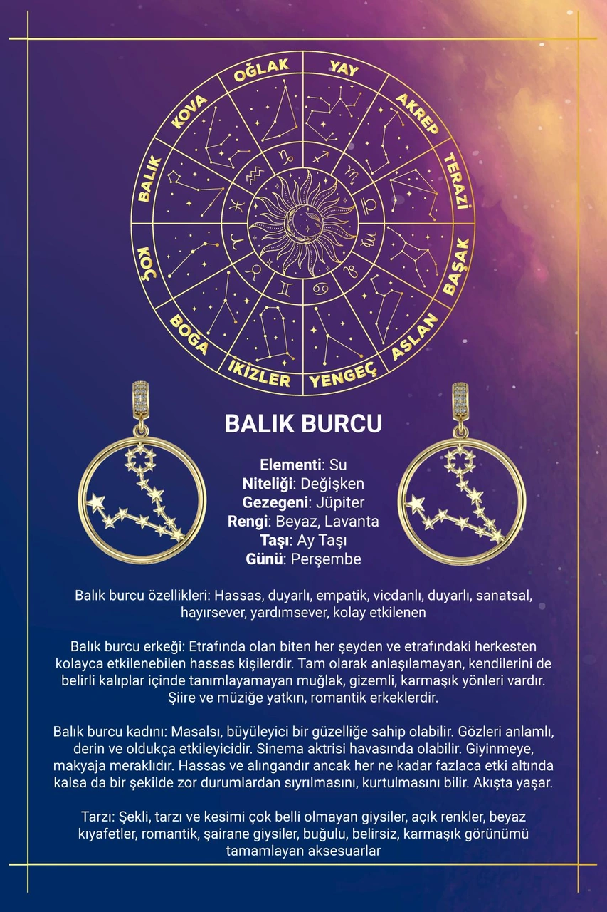 14 Ayar Altın Balık Burcu Kolye Ucu Burç Yıldız Haritası Sarı Altın
