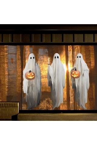 Gajeena Halloween Penceresi Dekorasyon Seti: Büyük Boy Beyaz Hayalet Kabak Işıklı Çift Taraflı Pvc Pencere Sticker - Tekrarlı Kullanımlı Ev Dekoru Beyaz