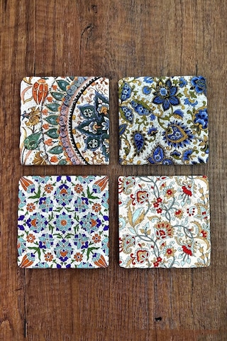 Doğal Taş Bardak Altlığı Çini Desenler Baskılı 4'lü Set - Stone Coasters Çok Renkli