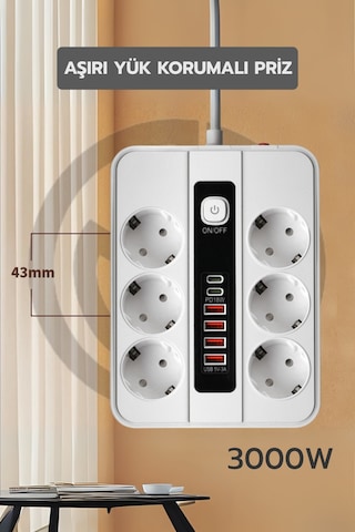 Pro P11 6x Priz 3000w Termal Akım Korumalı 4x Usb 2x Type-c Girişli Çoklu Priz 0.2 M