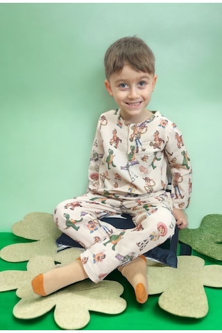 Lolliboomkids Erkek Çocuk Müslin Kumaş Düğmeli Pijama Takımı Pastel Renk Ev Giyim - Pamuklu Kovboy Çok Renkli