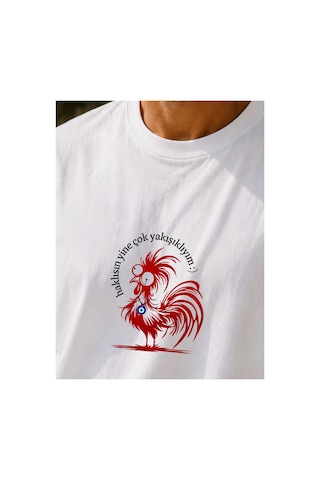 Qmen Style Unisex Beyaz Oversize Baskılı T-shirt Espirili Horoz Baskılı %100 Pamuk
