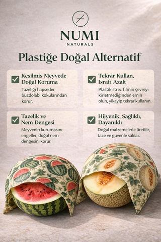 Premium Balmumu Gıda Saklama Bezi 2 Li Set Karpuz & Kavun Desenli 40x40 Cm Çok Renkli