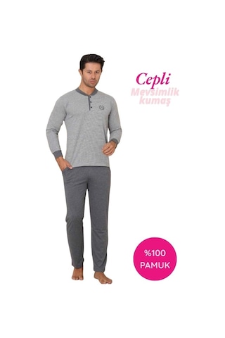 Alimer Erkek 3 Düğmeli Çizgili Desen %100 Pamuk Uzun Manşetli Kol Cepli Pijama Takımı Gri