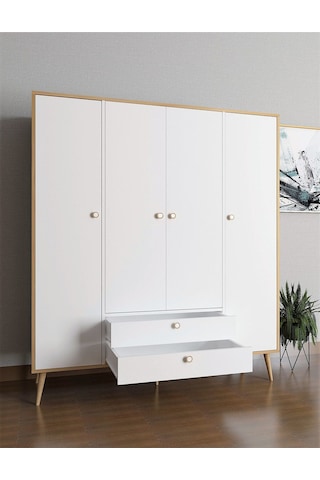 Floradesign Tema Elbise Dolabı 4 Kapaklı Çekmeceli Dolap Gardırop /beyaz Meşe
