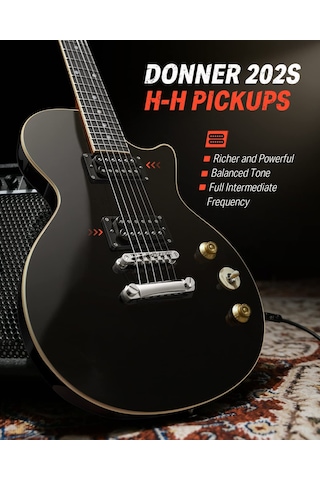 Donner Lp Elektro Gitar Kiti Tam Boy Gitar Başlangıç Seti 90 Cm 39 İnç Tek Parça Gövde, Çanta, Askı, Tel Lp Stili, Siyah
