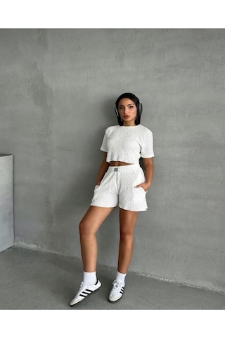 Rahat Fit Dokulu Şortlu Takım Siyah