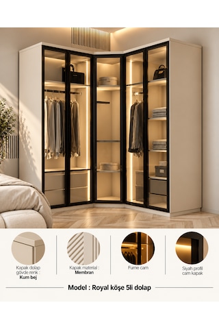 Free Home Royal Köşe 5'li Kum Beji Mdf Gardırop Elbise Dolabı 162x162 X214x40 Kumbeji