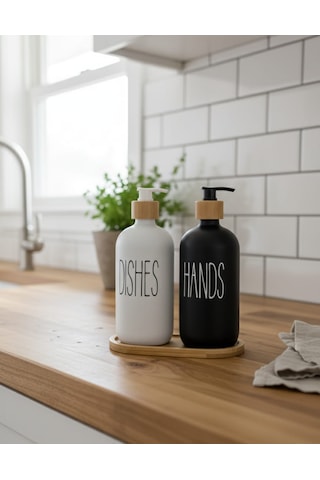 2'li Sıvı Sabun Ve Bulaşık Deterjanı Seti 500 Ml Hacimli Bambu Kapak Ve Ahşap Standlı Beyaz - Siyah