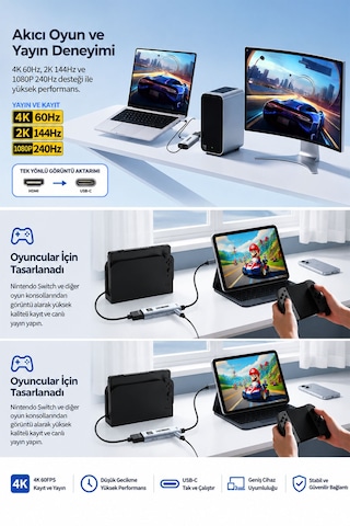 4k Hdmı Video Yakalama Kartı, Usb 3.0 Capture Card, 100w Pd Şarj Destekli, 90 Usb-c Kablolu, 4k 60 Fps Ve 1080p 240 Fps Destekli, Switch 2, Vr, Tablet, Pc Ve Mac Uyumlu