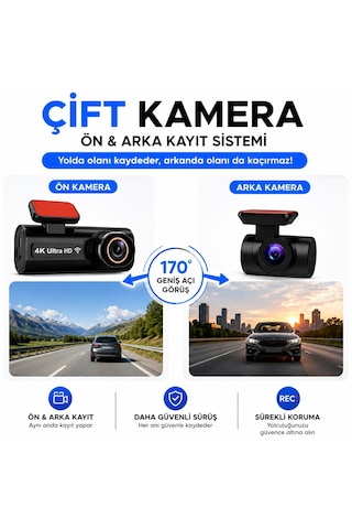 Hpytech 4k Ultra Hd Mini Araç Kamerası Ön Ve Arka Çift Kameralı Wifi Gps Destekli Gece Görüşlü 64gb Hafıza Kartlı G-sensörlü Araç İçi Kamera