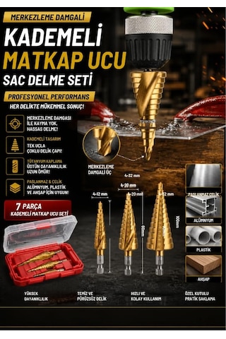 7 Parça Merkezleme Damgalı Kademeli Matkap Ucu Sac Delme Seti Özel Kutulu