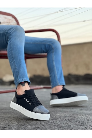 DMR Elegance Ba0104 Bağcıklı Siyah Ekose Süet Beyaz Taban Spor Klasik Erkek Ayakkabı Rekli