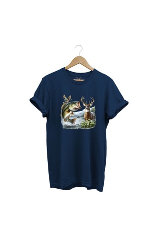 Balıkçılık Ve Avcılık Temalı Geyik, Ördek Ve Turna Balığı Baskılı %100 Pamuk Regular Fit T-shirt Lacivert