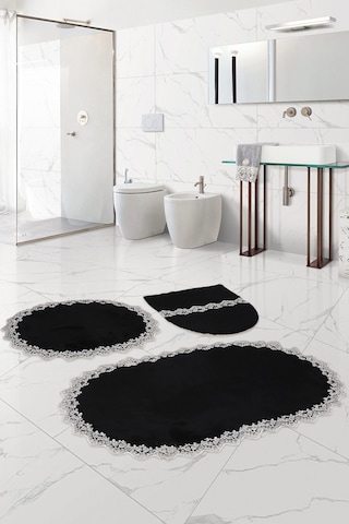 Bonny Home Venüs Siyah 3'lü Dantelli Banyo Paspası Seti Çeyizlik