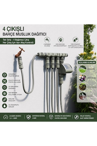 4 Çıkışlı Musluk Dağıtıcı Bağımsız Vanalı Hortum Çoklayıcı 304 Mm Çift O-ring Sızdırmaz Bahçe Sulama Aparatı