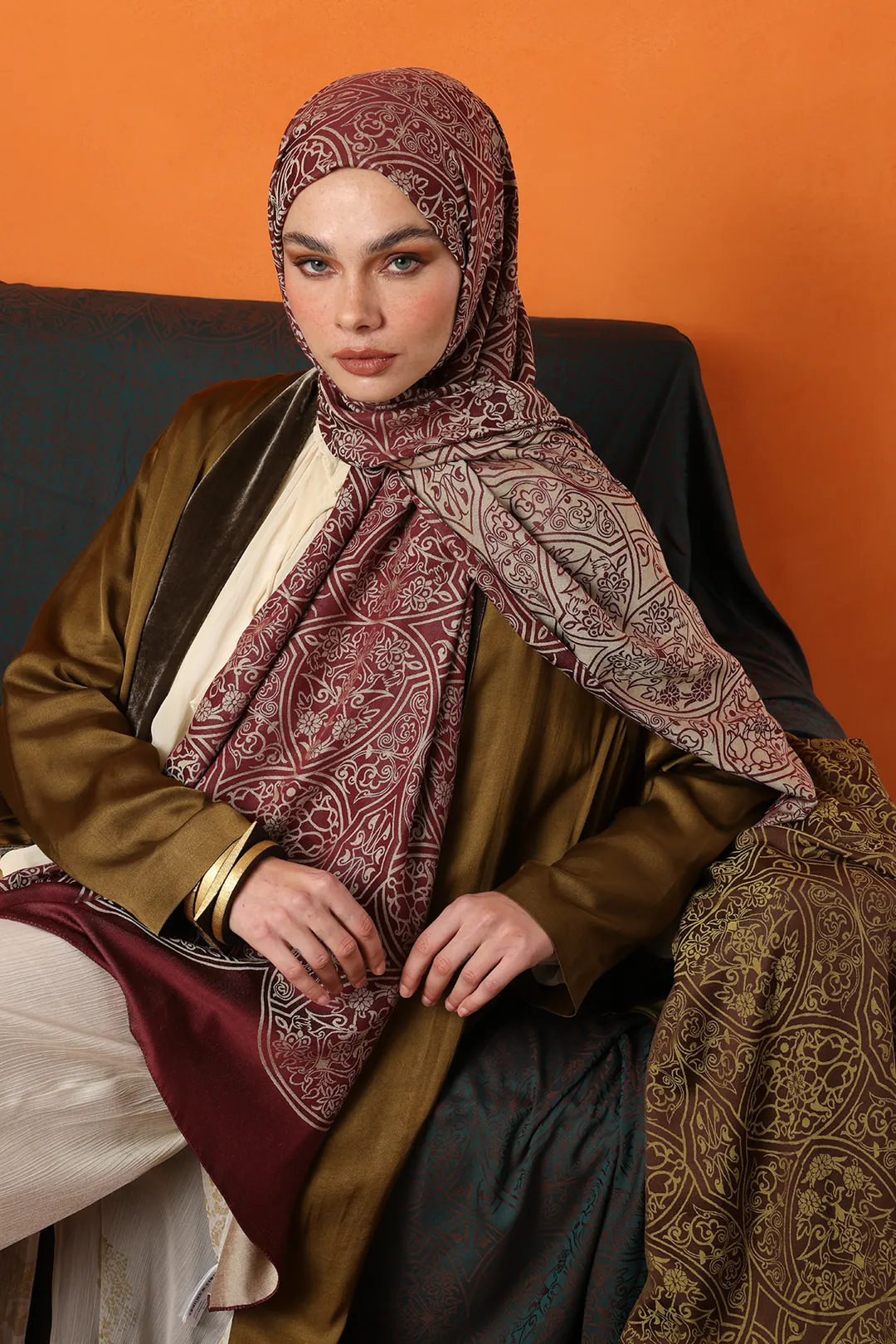 Mooncorn Morocco Desen Çift Taraflı Şal Mürdüm - Somon