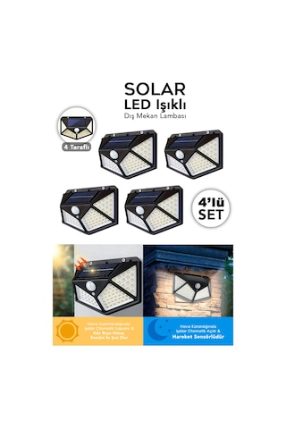 4 Adet Güneş Enerjili Duvar Lambası - Solar 100 Led Işık 3 Modlu Hareket Sensörlü Bahçe Aydınlatma Siyah