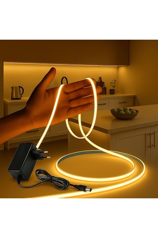 Cob Led Şerit 320/led 5m 12v Beyaz Işık 8mm Ip20 Aydınlatma Hortumu Kendinden Yapışkanlı Adaptör Dahil