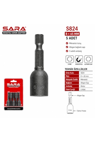 Sara S824 Mıknatıslı Somun Adaptörü 8 X 65 Mm, 5 Adet