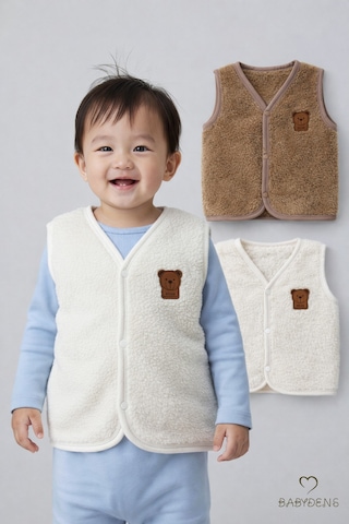 Babyden's 2 Li Welsoft Yelek Seti Erkek Bebek & Çocuk Peluş Yumuşak Kışlık Bebek Yeleği, Çıtçıtlı Ekru - Kahverengi