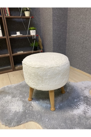 Asedia Miskin Naturel Teddy Krem Ahşap Ayaklı Peluş Puf Makyaj Koltuğu Yuvarlak Tabure