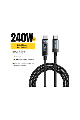 Essager 2 Metre 240w Dijital Ekranlı Type-c To Type-c Mega Hızlı Data Şarj Kablosu, Ultra Sağlam Halat Kablo Kopmaz